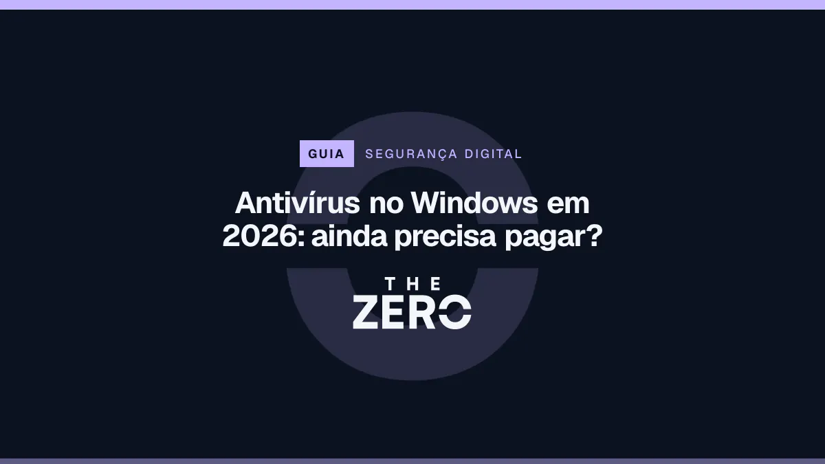 Cartaz editorial do The Zero em azul-marinho, com a marca da casa e faixa lilás de Segurança digital, para o guia sobre Antivírus no Windows em 2026.