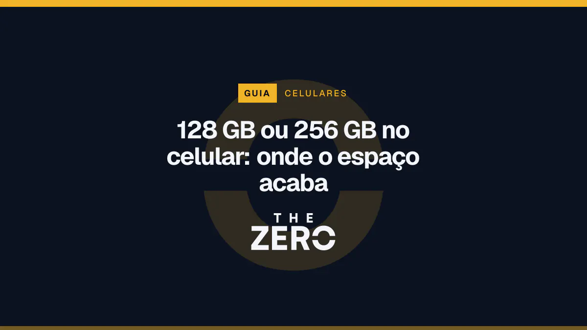 Cartaz editorial do The Zero em azul-marinho, com a marca da casa e faixa âmbar de Celulares, para o guia sobre 128 GB ou 256 GB no celular.