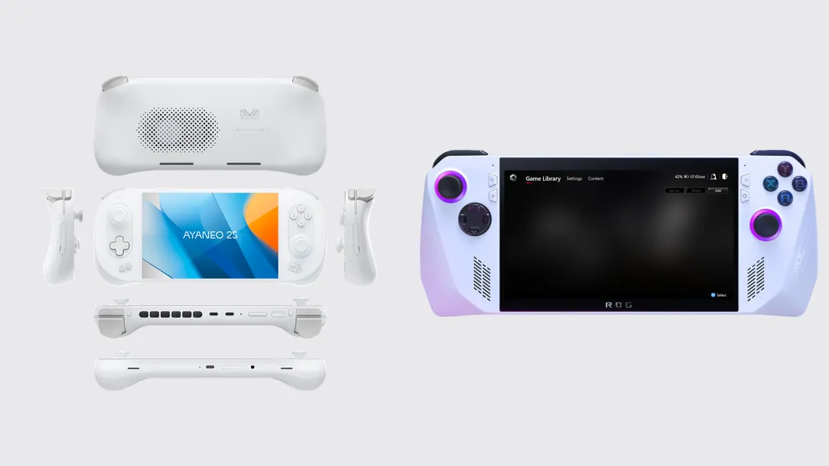 AYANEO 2S branco e ASUS ROG Ally branco lado a lado, em fotos oficiais de produto.