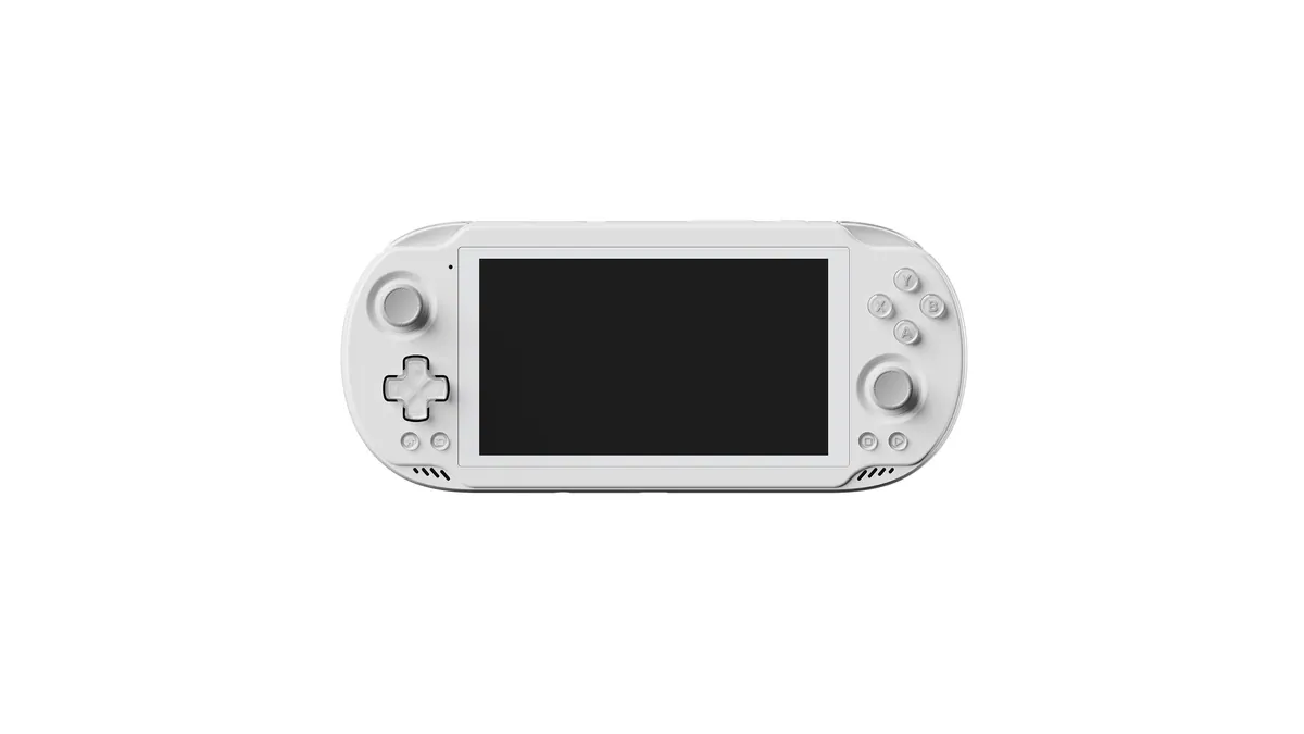 Ayn Odin 2 Mini branco, compacto, visto de frente em foto oficial de produto.