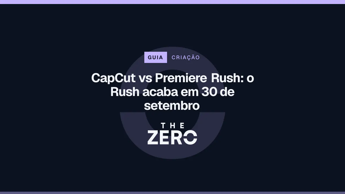 Cartaz editorial do The Zero em azul-marinho, com a marca da casa e faixa lilás de Criação, para o guia sobre CapCut vs Premiere Rush.