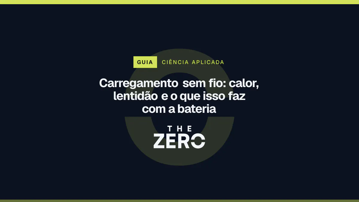 Cartaz editorial do The Zero em azul-marinho, com a marca da casa e faixa verde-limão de Ciência aplicada, para o guia sobre Carregamento sem fio.