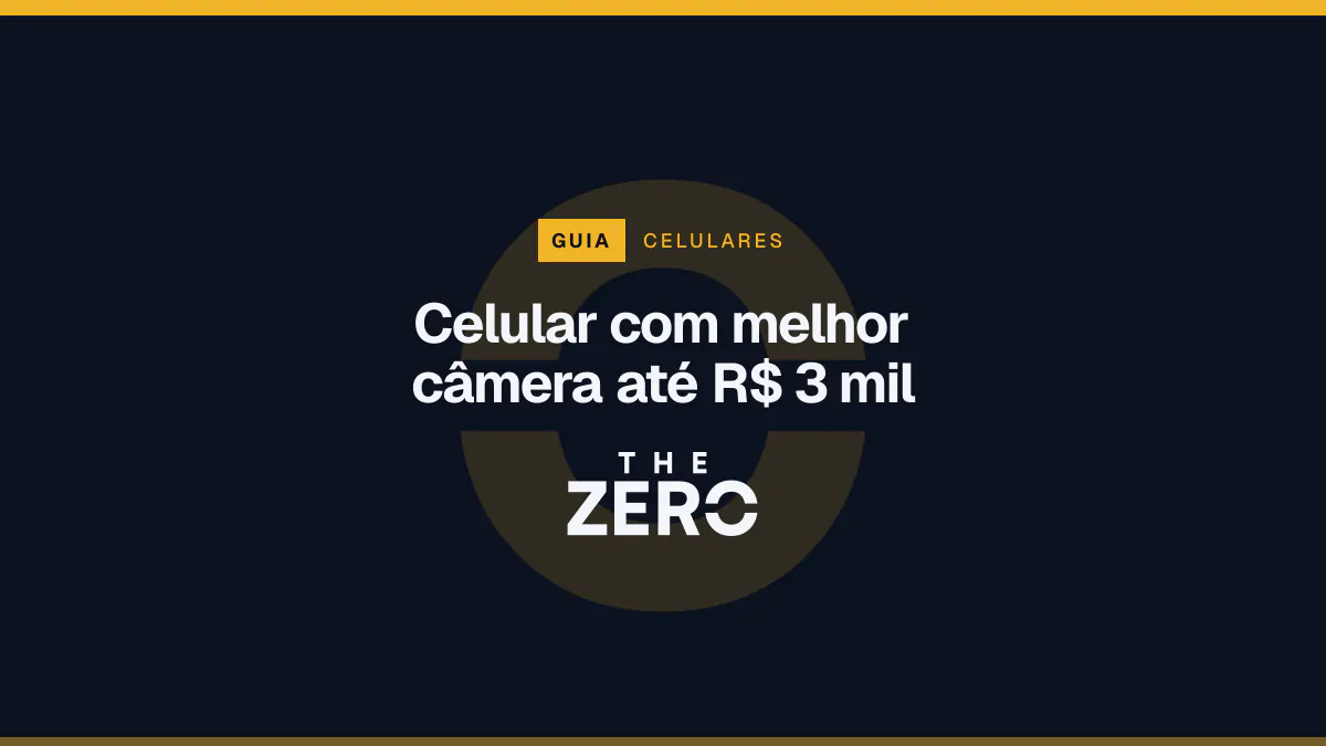 Cartaz editorial do The Zero em azul-marinho, com a marca da casa e faixa âmbar de Celulares, para o guia sobre Celular com melhor câmera até R$ 3 mil.