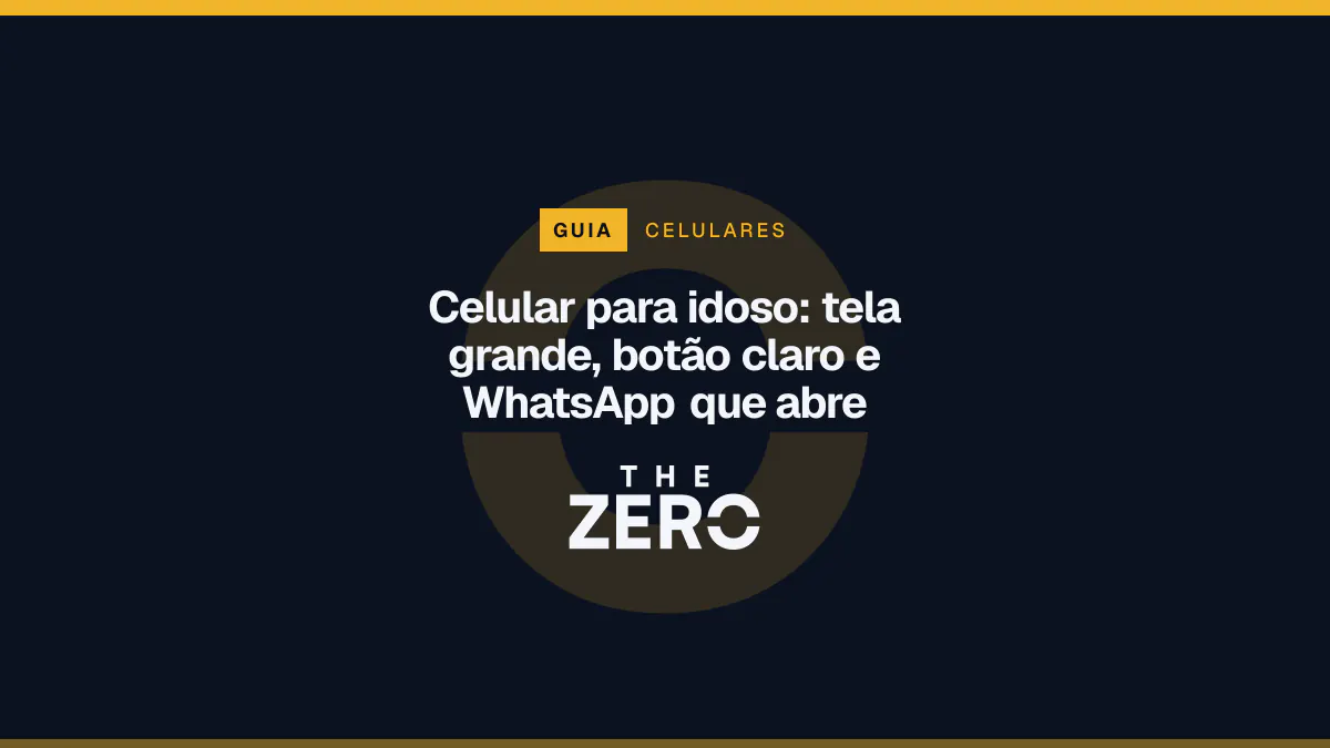 Cartaz editorial do The Zero em azul-marinho, com a marca da casa e faixa âmbar de Celulares, para o guia sobre Celular para idoso.