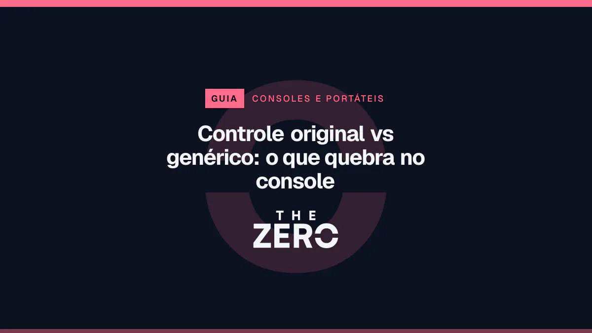 Cartaz editorial do The Zero em azul-marinho, com a marca da casa e faixa vermelha de Consoles e portáteis, para o guia sobre Controle original vs genérico.
