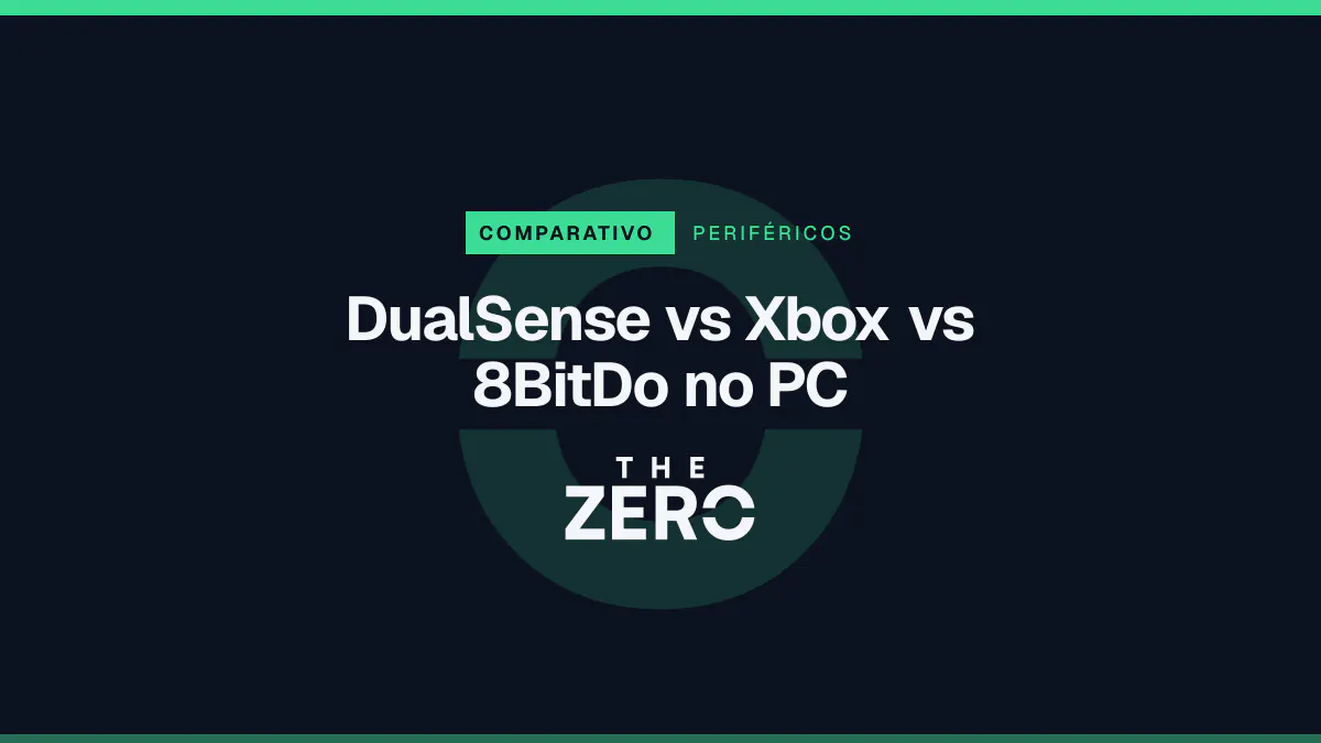 Cartaz editorial do The Zero em azul-marinho, com a marca da casa e faixa verde de Periféricos, para o comparativo sobre DualSense vs Xbox vs 8BitDo no PC.