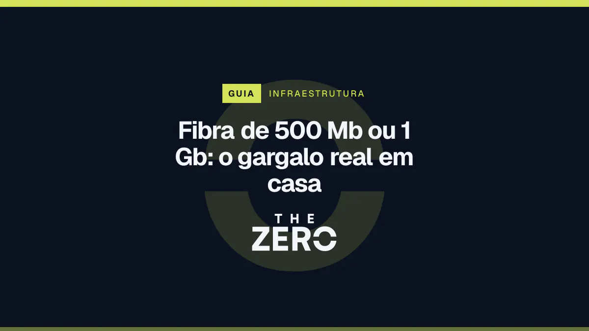 Cartaz editorial do The Zero em azul-marinho, com a marca da casa e faixa verde-limão de Infraestrutura, para o guia sobre Fibra de 500 Mb ou 1 Gb.