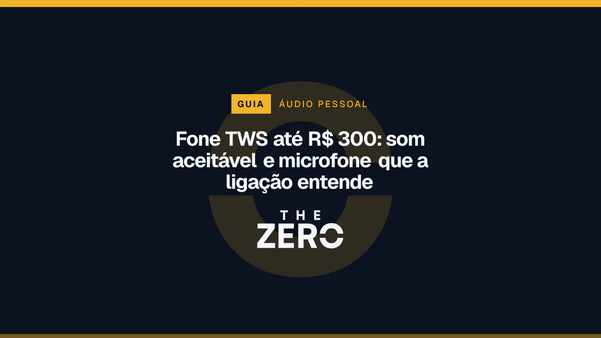 Cartaz editorial do The Zero em azul-marinho, com a marca da casa e faixa âmbar de Áudio pessoal, para o guia sobre Fone TWS até R$ 300.