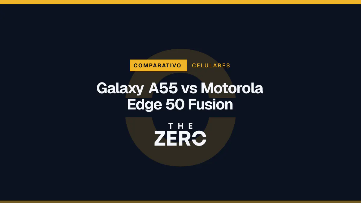 Cartaz editorial do The Zero em azul-marinho, com a marca da casa e faixa âmbar de Celulares, para o comparativo sobre Galaxy A55 vs Motorola Edge 50 Fusion.