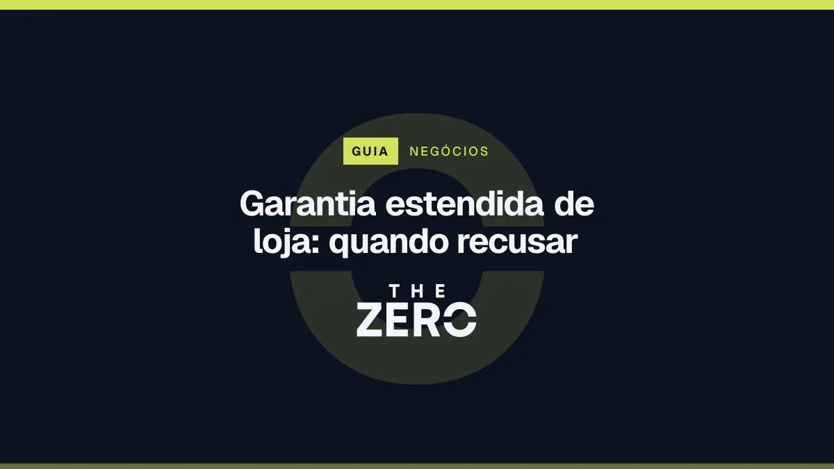 Cartaz editorial do The Zero em azul-marinho, com a marca da casa e faixa verde-limão de Negócios, para o guia sobre Garantia estendida de loja.