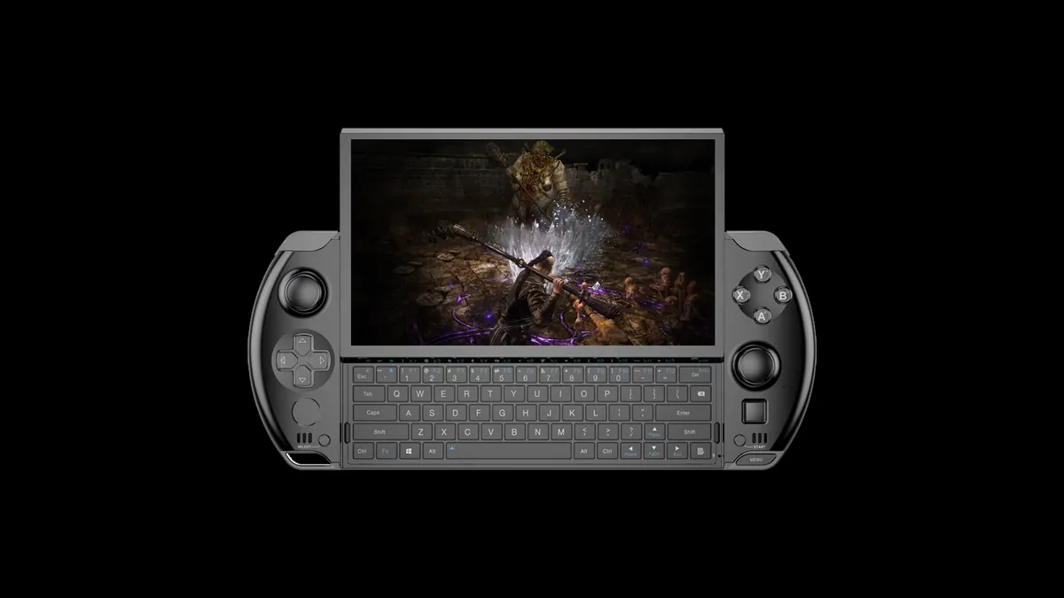 GPD Win 4 preto com a tela levantada sobre o teclado, visto de frente.