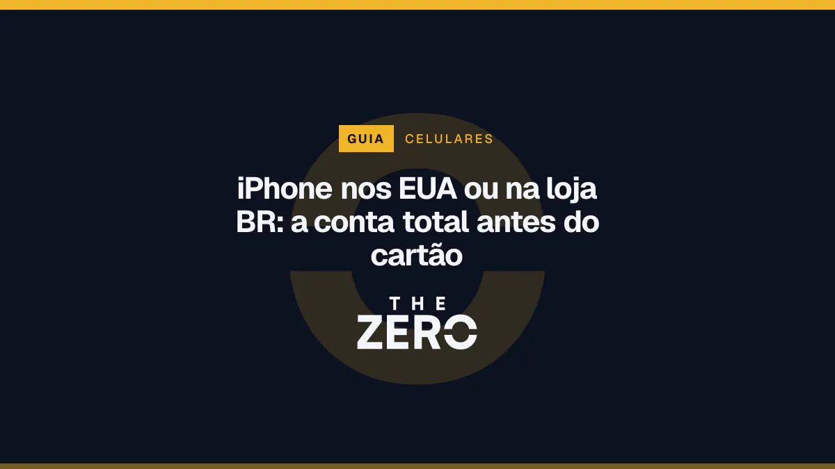 Cartaz editorial do The Zero em azul-marinho, com a marca da casa e faixa âmbar de Celulares, para o guia sobre iPhone nos EUA ou na loja BR.