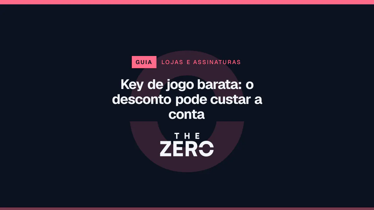 Cartaz editorial do The Zero em azul-marinho, com a marca da casa e faixa vermelha de Lojas e assinaturas, para o guia sobre Key de jogo barata.