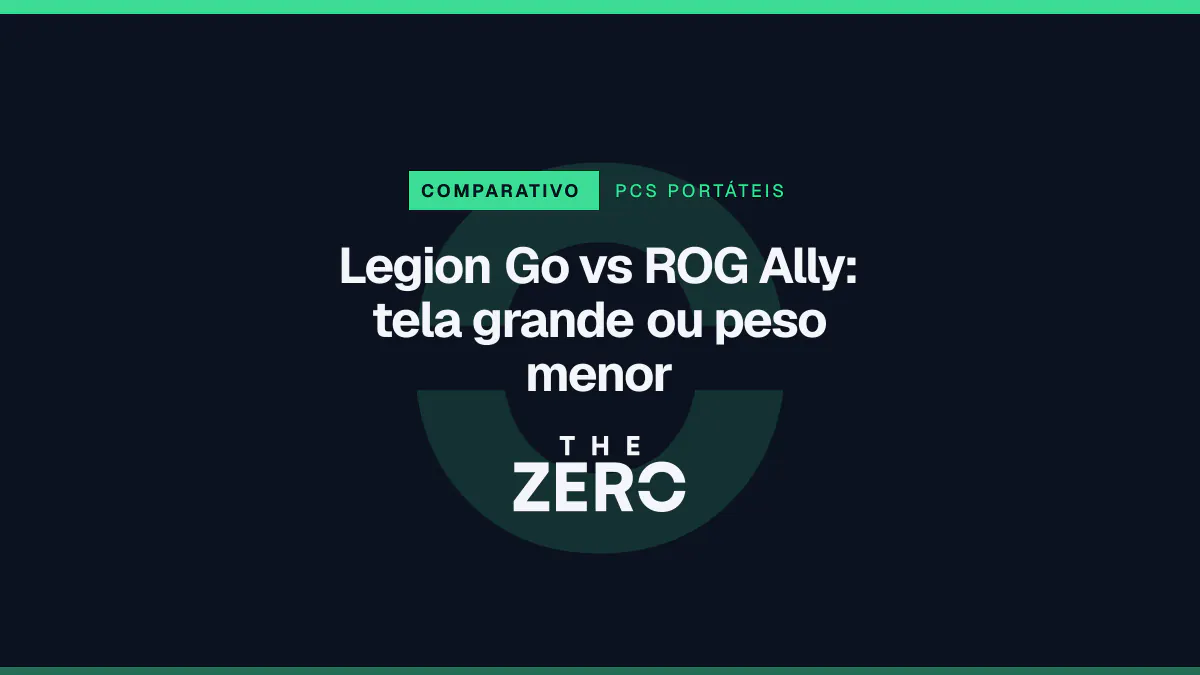 Cartaz editorial do The Zero em azul-marinho, com a marca da casa e faixa verde de PCs portáteis, para o comparativo sobre Legion Go vs ROG Ally.