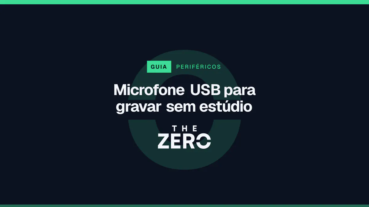 Cartaz editorial do The Zero em azul-marinho, com a marca da casa e faixa verde de Periféricos, para o guia sobre Microfone USB para gravar sem estúdio.
