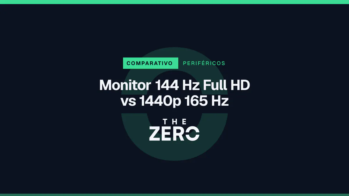 Cartaz editorial do The Zero em azul-marinho, com a marca da casa e faixa verde de Periféricos, para o comparativo sobre Monitor 144 Hz Full HD vs 1440p 165 Hz.