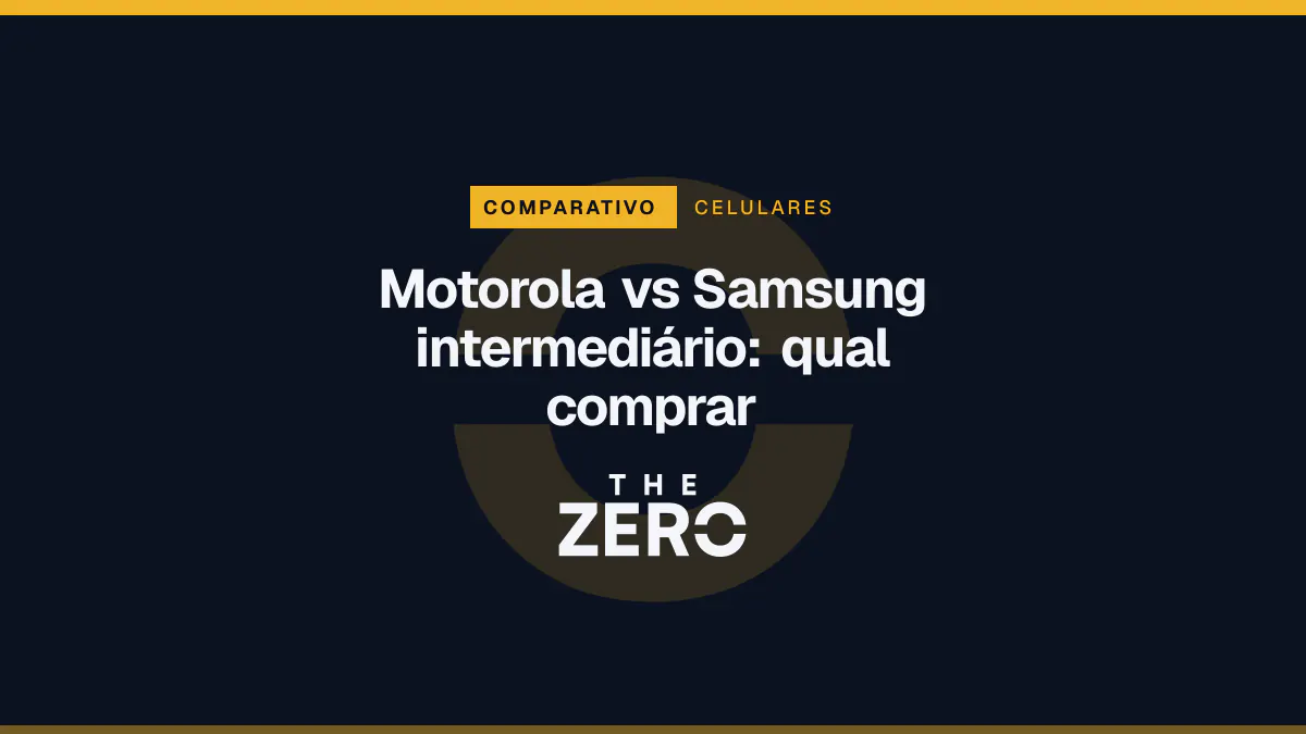 Cartaz editorial do The Zero em azul-marinho, com a marca da casa e faixa âmbar de Celulares, para o comparativo sobre Motorola vs Samsung intermediário.