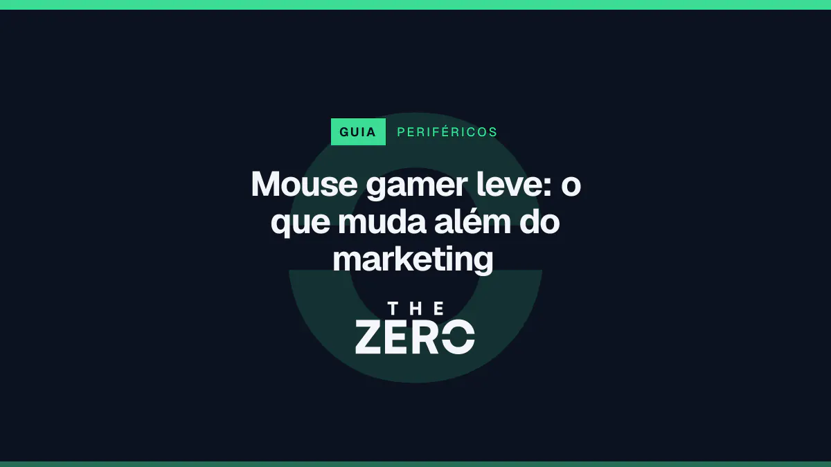 Cartaz editorial do The Zero em azul-marinho, com a marca da casa e faixa verde de Periféricos, para o guia sobre Mouse gamer leve.