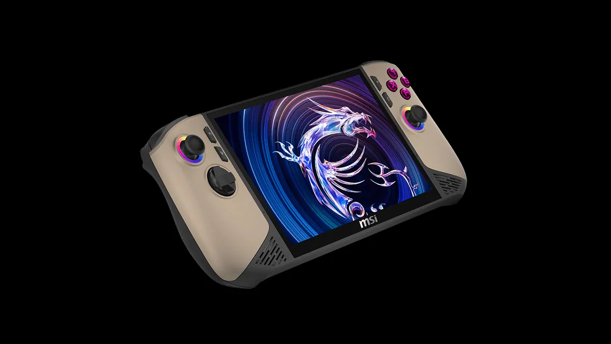 MSI Claw 8 AI+ claro, com grips pretos, visto de frente em foto oficial.