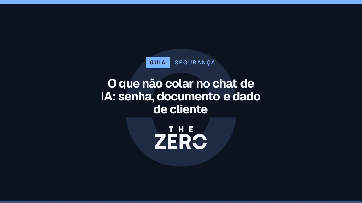 Cartaz editorial do The Zero em azul-marinho, com a marca da casa e faixa azul de Segurança, para o guia sobre O que não colar no chat de IA.