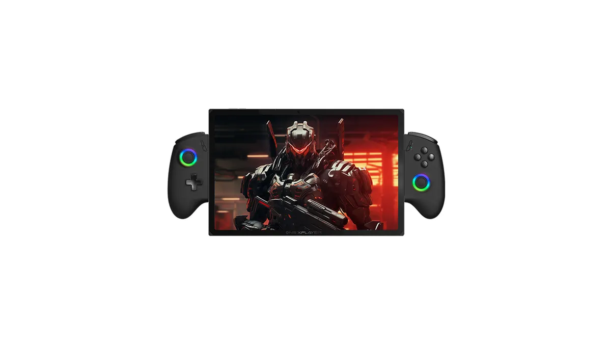 OneXPlayer X1 com os controles laterais encaixados, em foto oficial de produto.