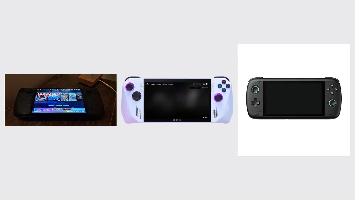 Steam Deck OLED, ASUS ROG Ally e Ayn Odin 2 lado a lado, três handhelds em foto real.