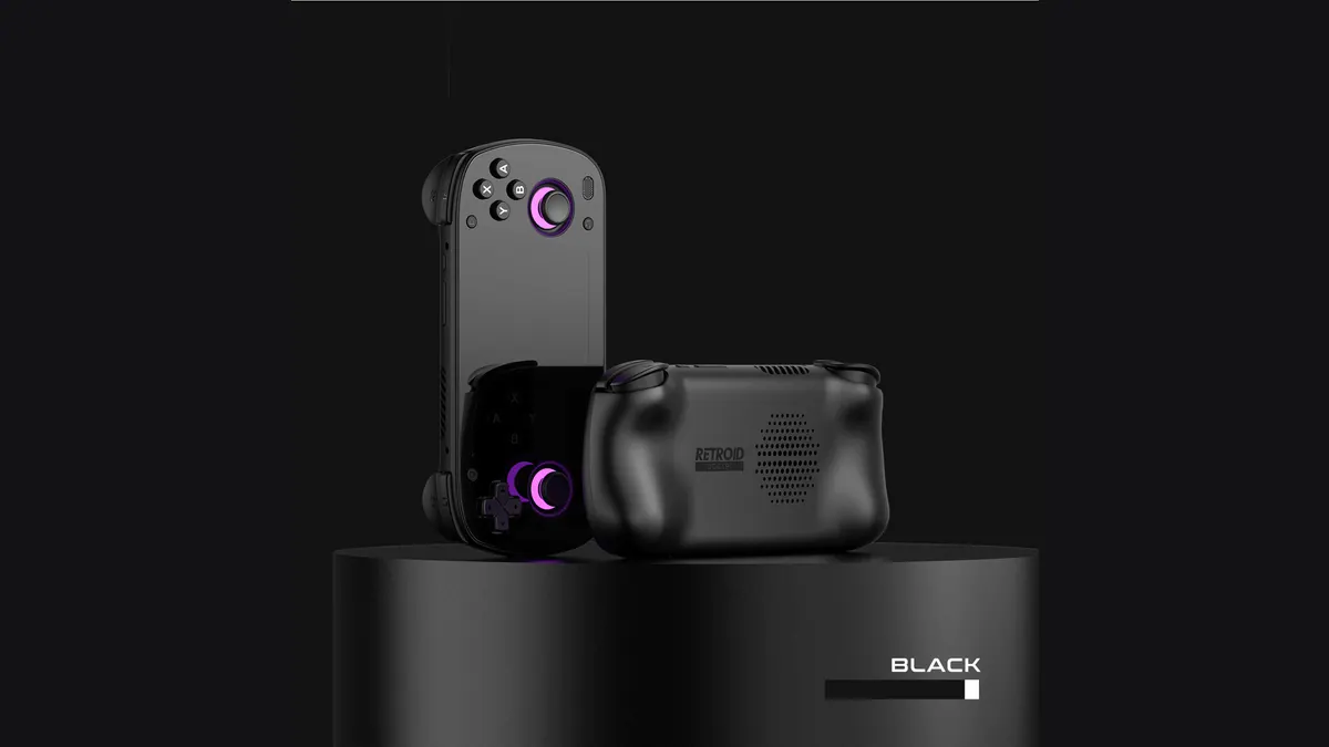 Retroid Pocket Mini preto, de frente e de costas, em foto oficial de produto.