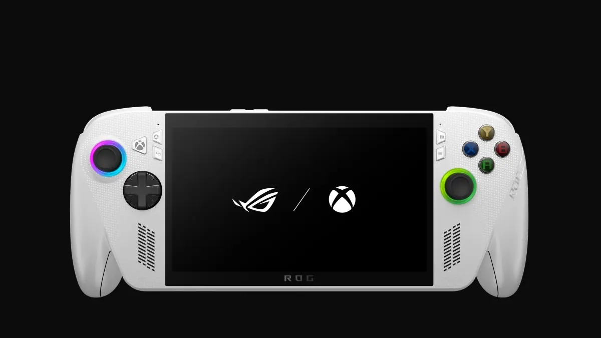 ROG Xbox Ally branco visto de frente, com o logo do Xbox na tela.