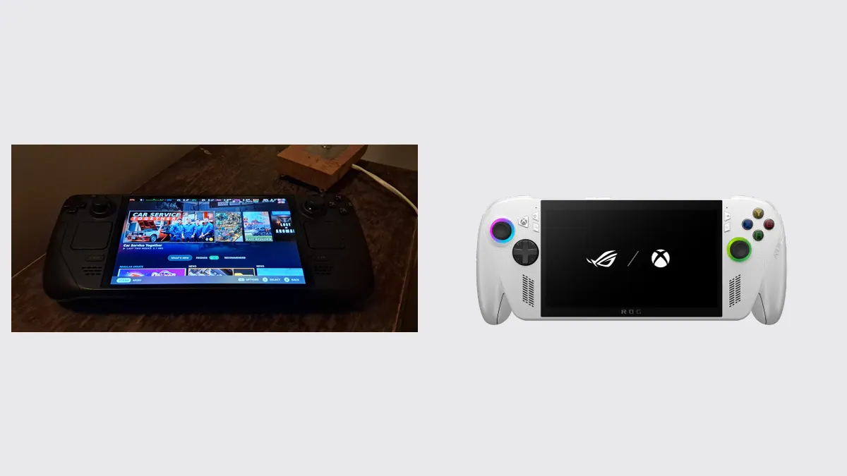 Steam Deck OLED e ROG Xbox Ally lado a lado, os dois handhelds em foto real.