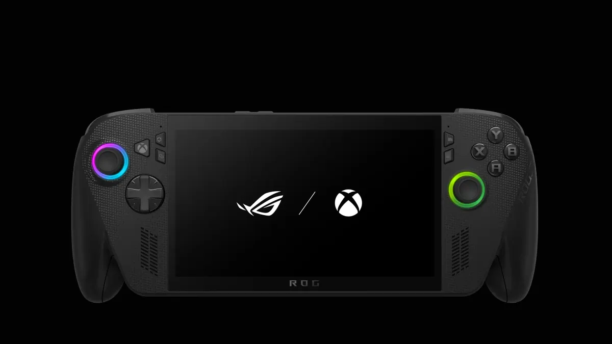 ROG Xbox Ally X preto visto de frente, com a tela e os controles em foto oficial.