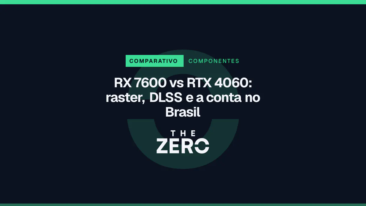 Cartaz editorial do The Zero em azul-marinho, com a marca da casa e faixa verde de Componentes, para o comparativo sobre RX 7600 vs RTX 4060.