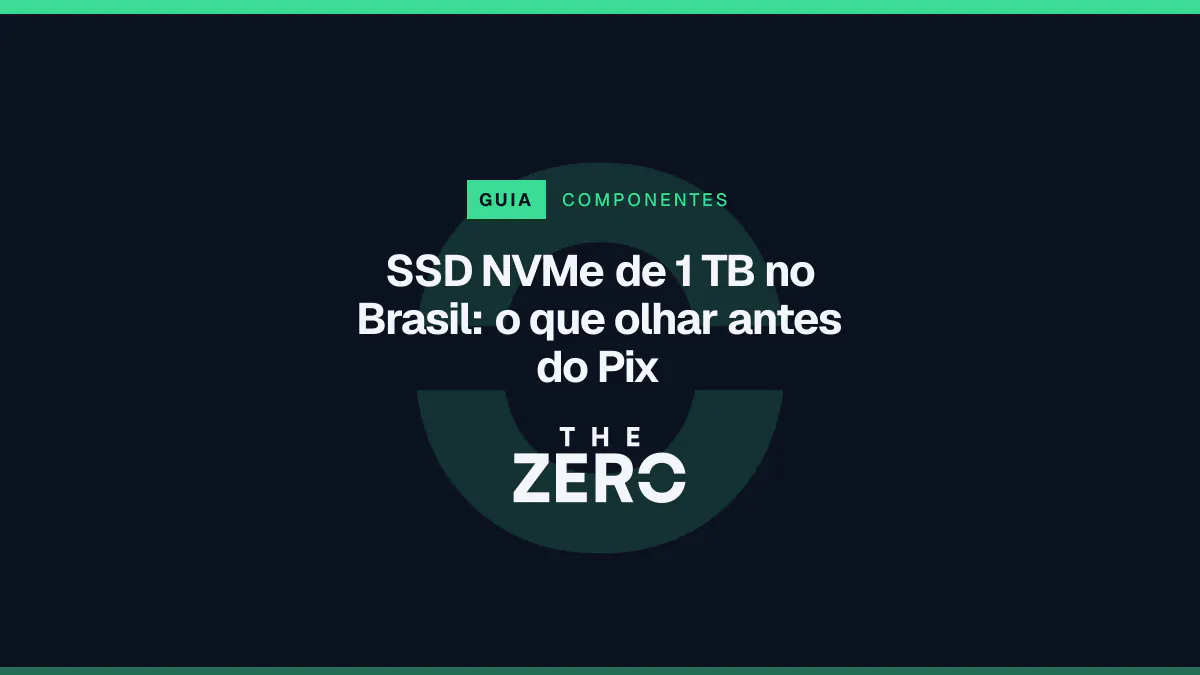 Cartaz editorial do The Zero em azul-marinho, com a marca da casa e faixa verde de Componentes, para o guia sobre SSD NVMe de 1 TB no Brasil.
