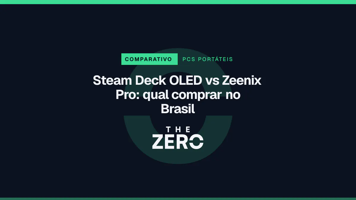 Cartaz editorial do The Zero em azul-marinho, com a marca da casa e faixa verde de PCs portáteis, para o comparativo sobre Steam Deck OLED vs Zeenix Pro.