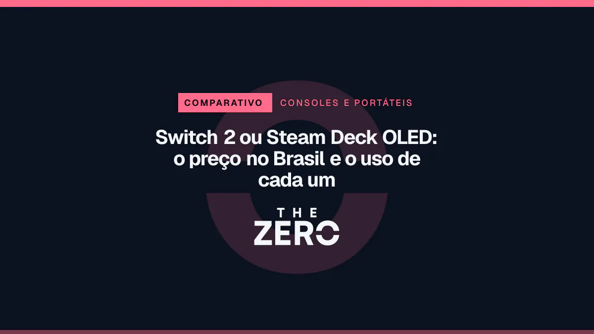 Cartaz editorial do The Zero em azul-marinho, com a marca da casa e faixa vermelha de Consoles e portáteis, para o comparativo sobre Switch 2 ou Steam Deck OLED.