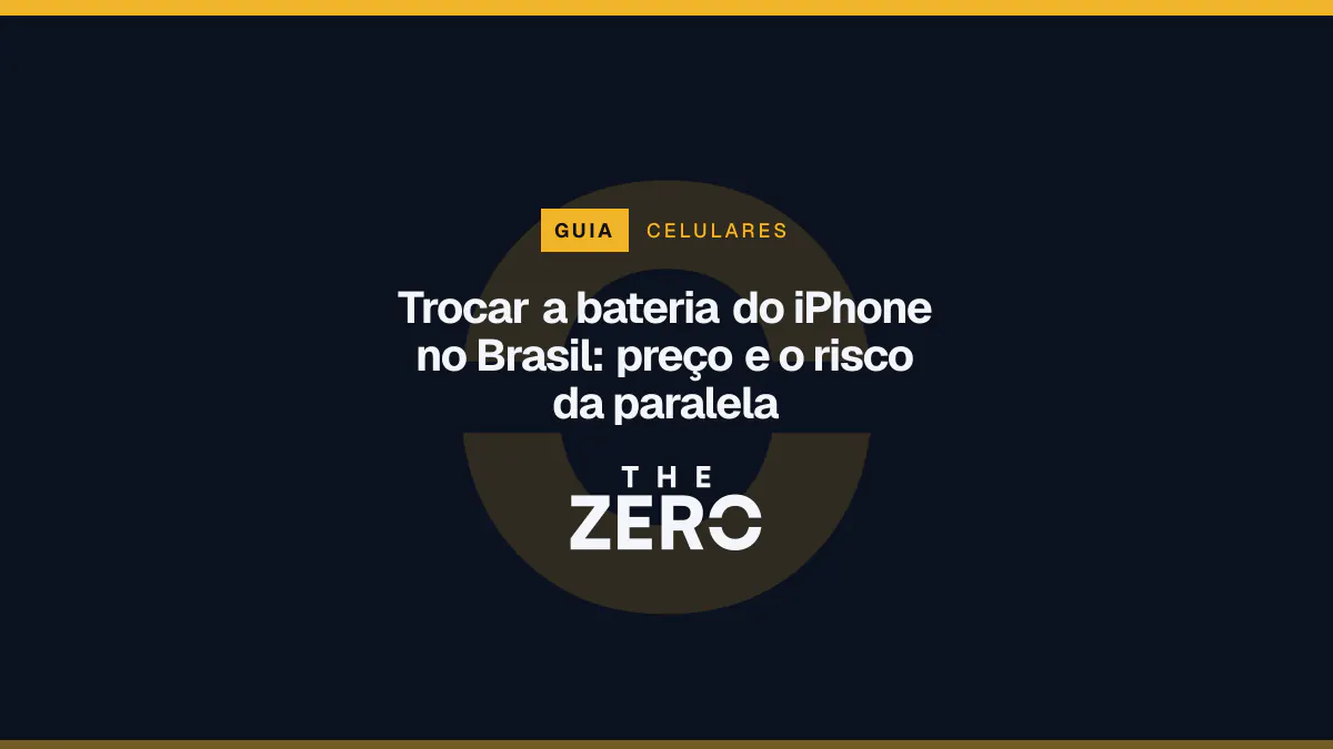 Cartaz editorial do The Zero em azul-marinho, com a marca da casa e faixa âmbar de Celulares, para o guia sobre Trocar a bateria do iPhone no Brasil.