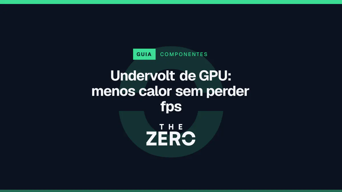 Cartaz editorial do The Zero em azul-marinho, com a marca da casa e faixa verde de Componentes, para o guia sobre Undervolt de GPU.