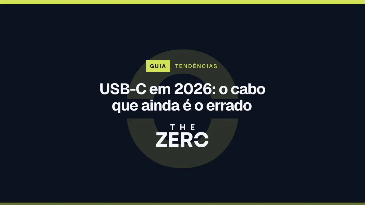 Cartaz editorial do The Zero em azul-marinho, com a marca da casa e faixa verde-limão de Tendências, para o guia sobre USB-C em 2026.