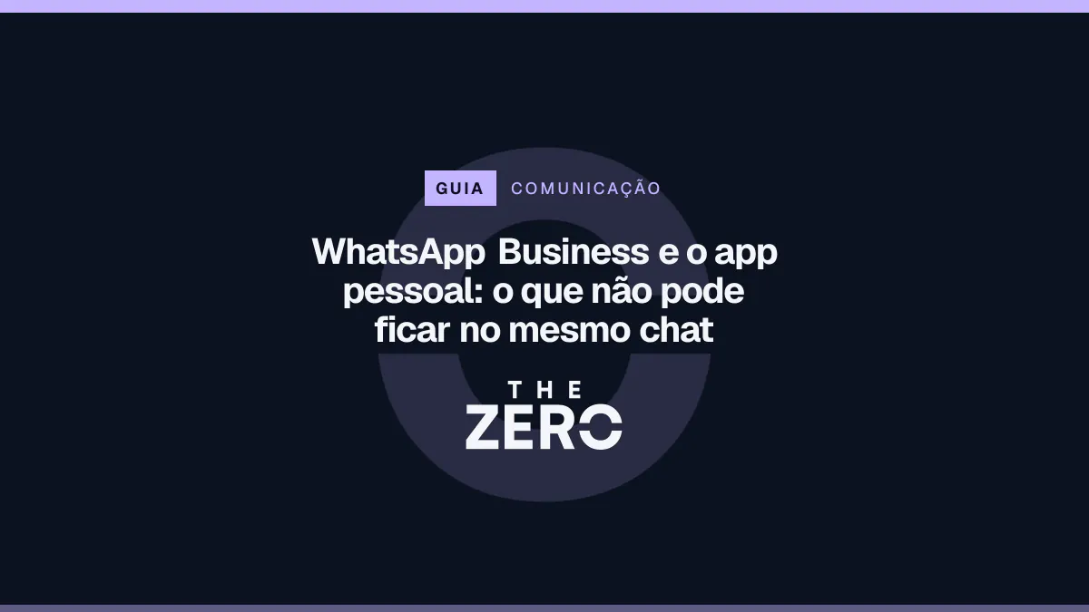 Cartaz editorial do The Zero em azul-marinho, com a marca da casa e faixa lilás de Comunicação, para o guia sobre WhatsApp Business e o app pessoal.