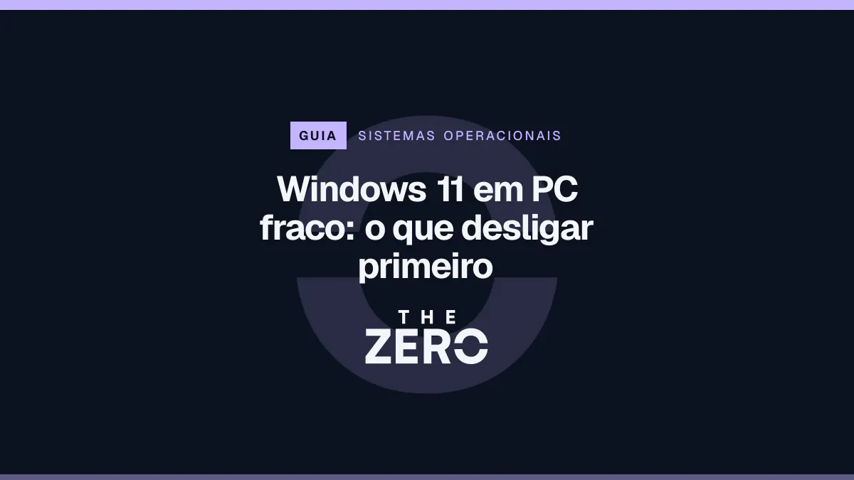 Cartaz editorial do The Zero em azul-marinho, com a marca da casa e faixa lilás de Sistemas operacionais, para o guia sobre Windows 11 em PC fraco.