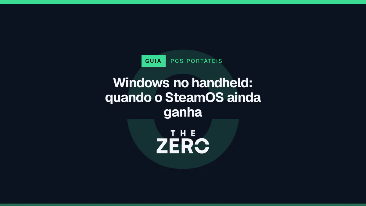 Cartaz editorial do The Zero em azul-marinho, com a marca da casa e faixa verde de PCs portáteis, para o guia sobre Windows no handheld.