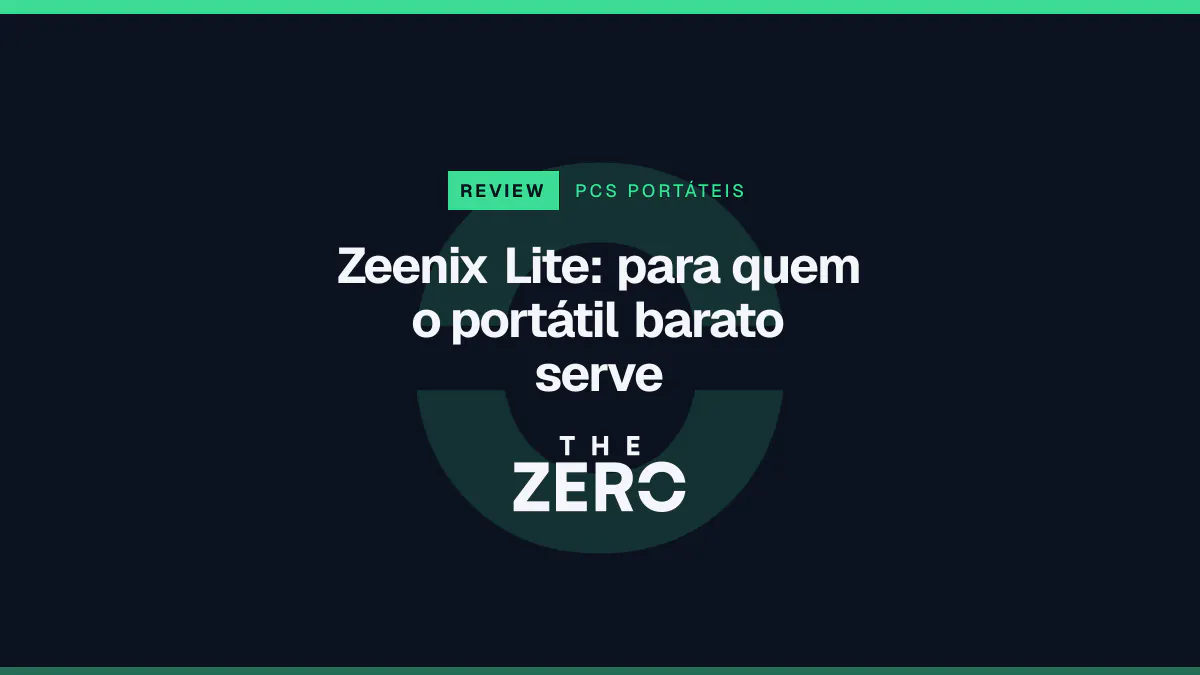 Cartaz editorial do The Zero em azul-marinho, com a marca da casa e faixa verde de PCs portáteis, para o review sobre Zeenix Lite.