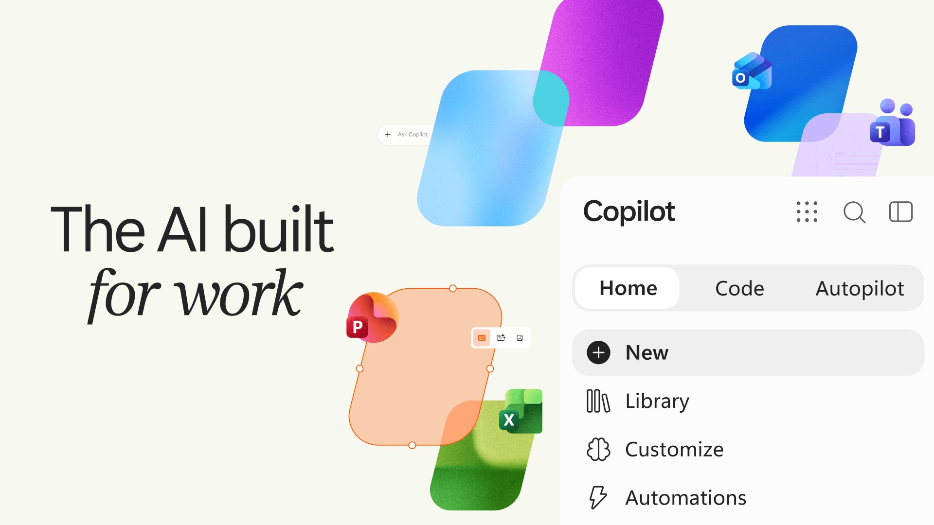 Tela do novo app Copilot com a frase The AI built for work e as abas Home, Code e Autopilot