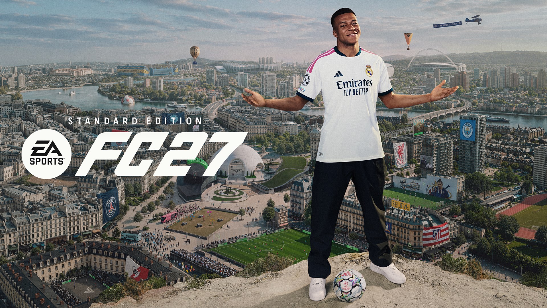 Arte de capa da Xbox Store de EA Sports FC 27, com dois jogadores de uniforme branco e o logo do jogo à frente.