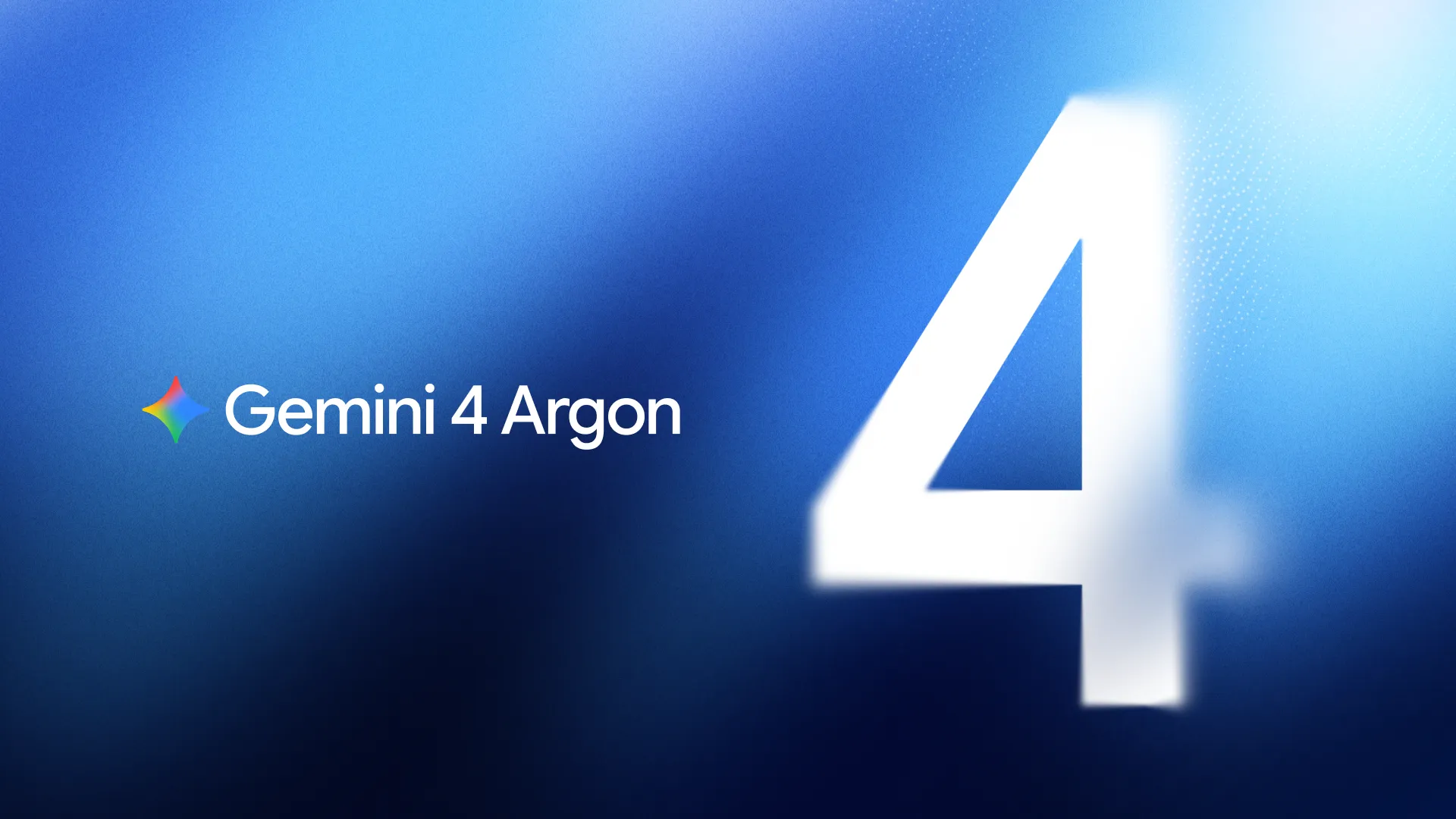 Arte digital horizontal com fundo em degradê azul royal e azul escuro, com foco de luz difuso no canto superior direito. À esquerda, destaca-se a estrela de quatro pontas colorida do Google Gemini, seguida pelo texto 'Gemini 4 Argon' em fonte sem serifa branca. À direita, um algarismo 4 estilizado em branco e de tamanho grande ocupa verticalmente o centro do quadro com leve desfoque nas bordas