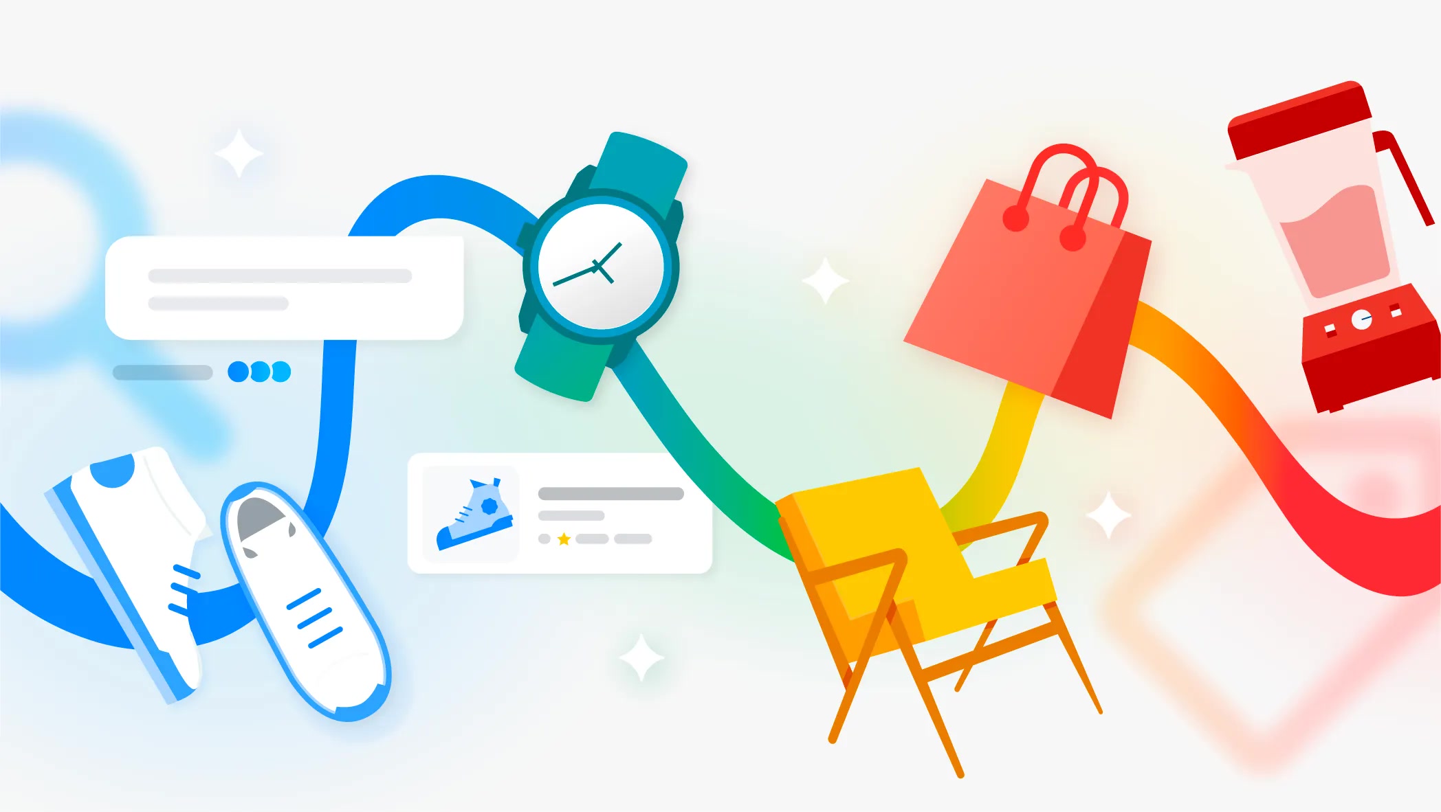 Ilustração oficial da Google com tênis, mochila, fones, relógio e mala ligados por fitas coloridas sobre fundo claro