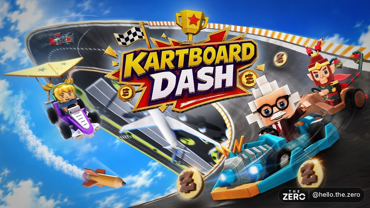 Arte oficial do trailer de Kartboard Dash: personagem de cartola e bigode pilota um kart de papelão na praia, com o logo do jogo