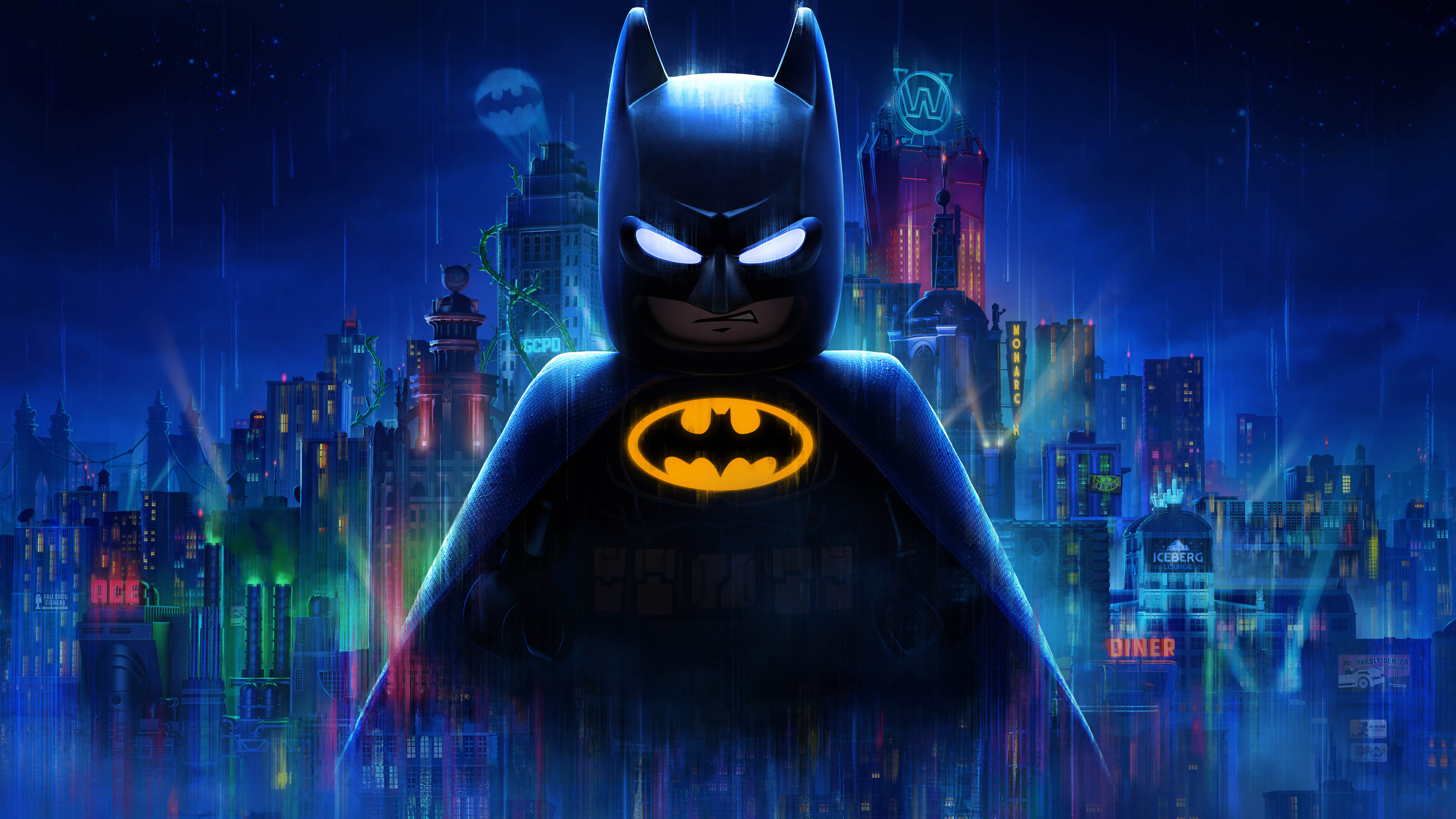 Key art oficial: minifiguras de Batman e Robin num terraço de Gotham, Bat-Sinal no céu roxo e Batmóvel na rua abaixo