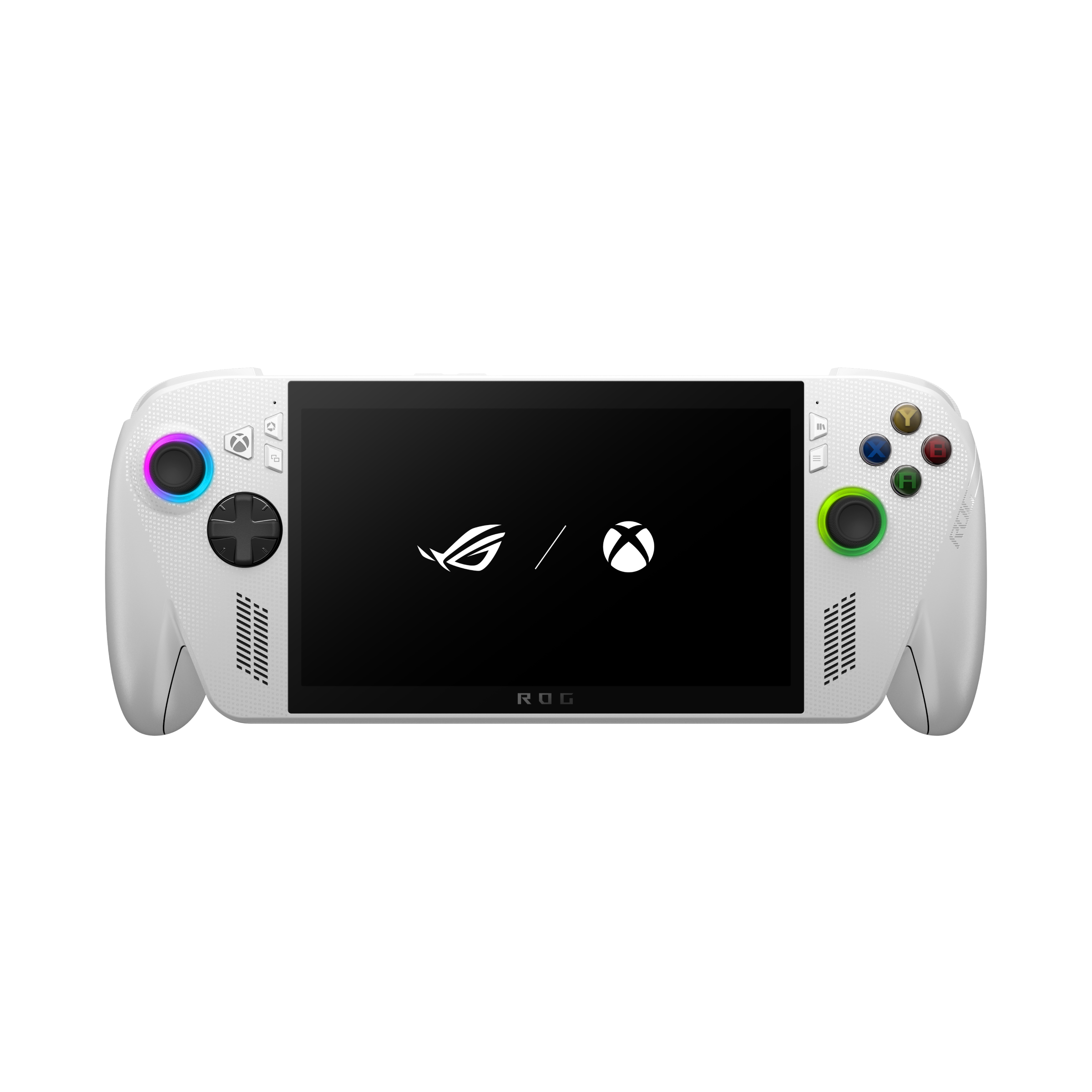 ROG Xbox Ally branco ao lado do Xbox Ally X preto, vistos de frente, com os controles e a tela.