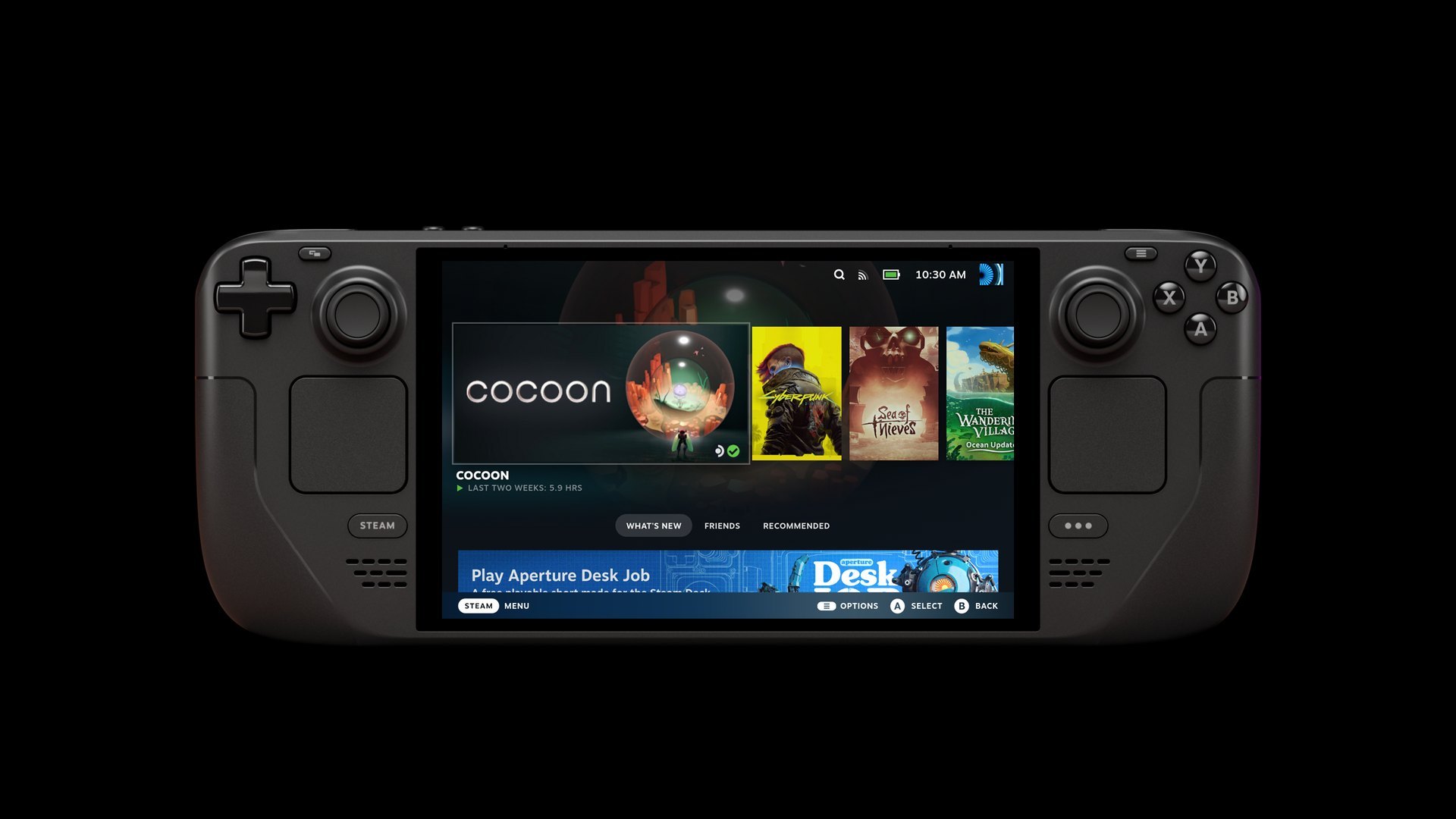 Steam Deck OLED de frente, com o menu Steam na tela.
